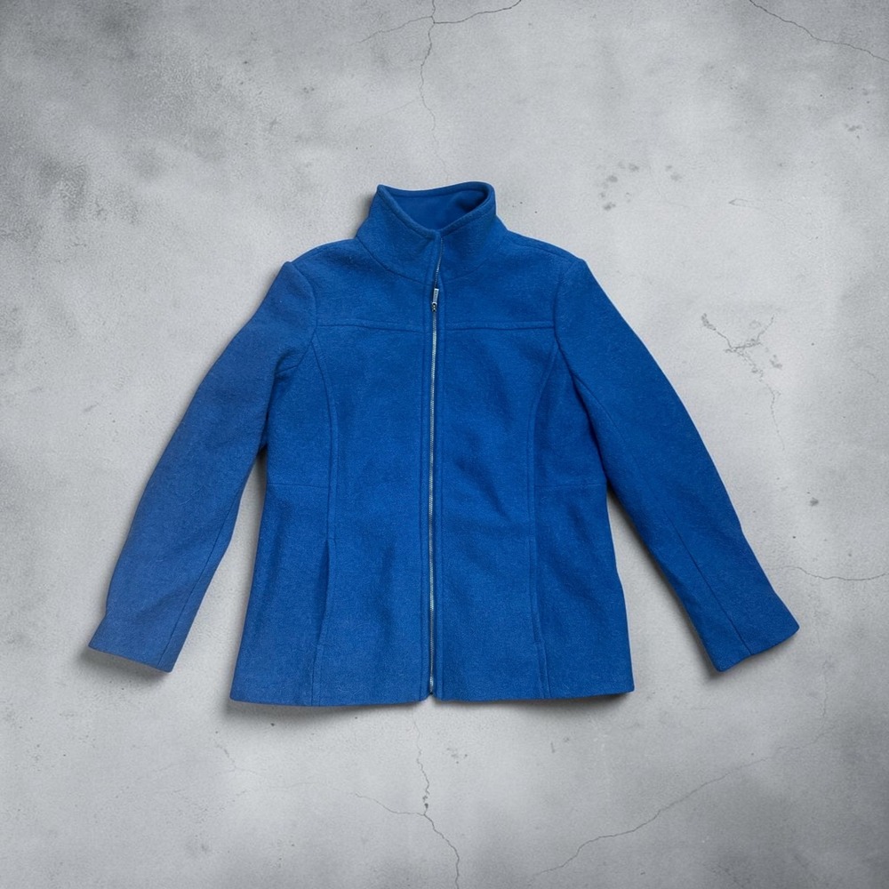 Lands' End Blue Boiled Wool Blend Full Zip Jacket Lined Coat Sz 12 Cozy Classic